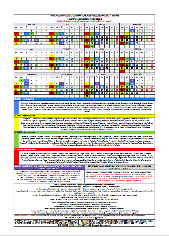 Harmonogram odbioru odpadów w roku 2026 r.