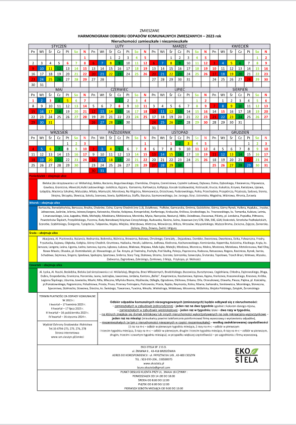 Harmonogram odbioru odpadów w roku 2023 r.