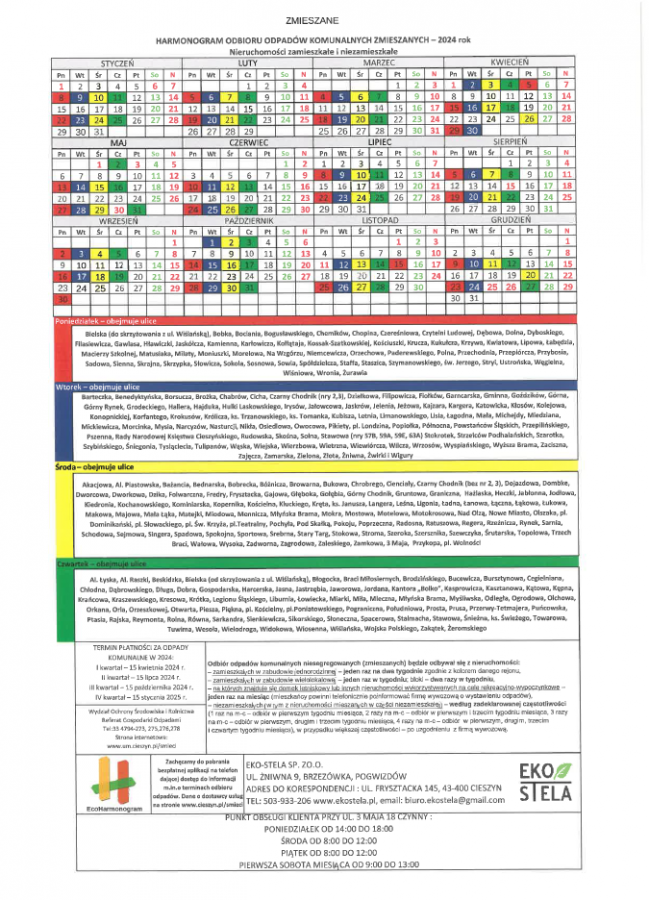 Harmonogram odbioru odpadów w roku 2024 r.