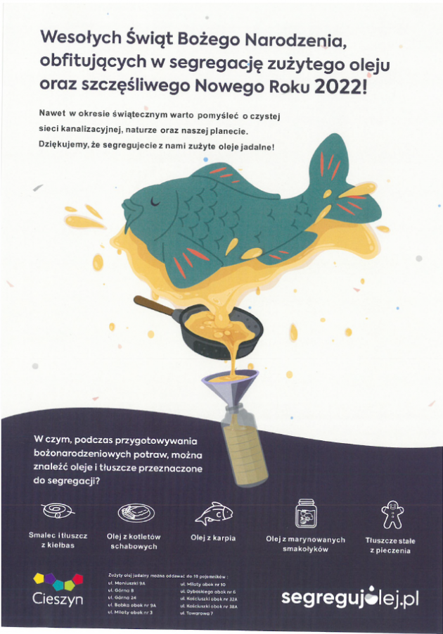 Zbiórka olejów jadalnych i tłuszczów na terenie Cieszyna w okresie świątecznym
