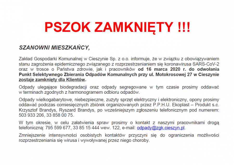 PSZOK ZAMKNIĘTY - KOMUNIKAT